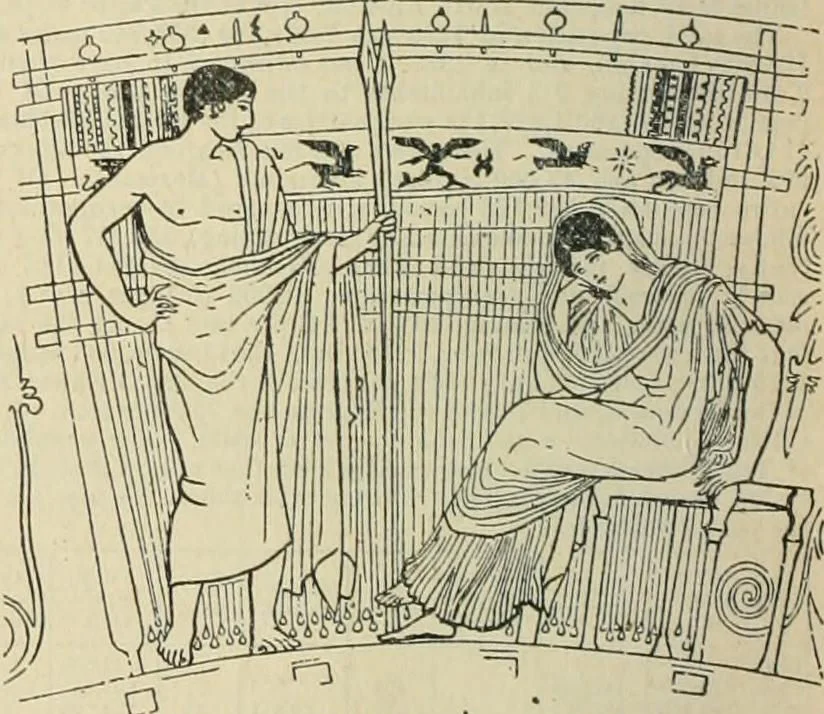 Engraving of a Greek red-figure pottery (skyphos) portraying Penelope and Telemachus, 5th Century BC.