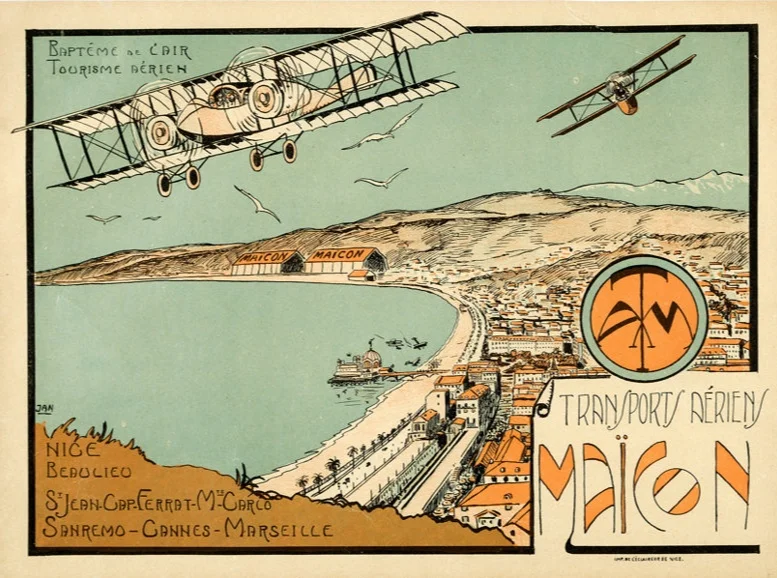 Transports Aeriens Maïcon (1920s), artwork by Jean A. Mercier. Planes play a significant role in the Riviera portion of Save Me the Waltz.