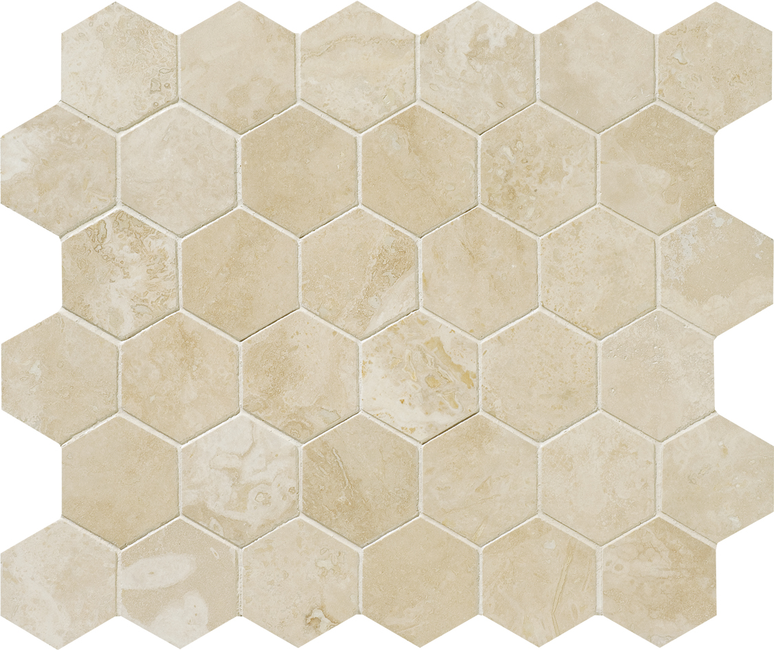 MS00706 ivory honed & filled hexagon 2” 10 3/8”x12x3/8” sheets