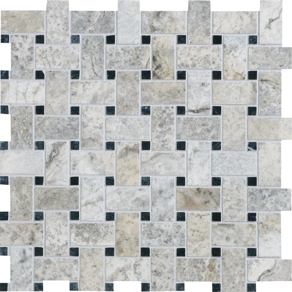 MS00735 silverado & black honed & filled basket weave 1”x2” 12”x12”x3/8” sheets