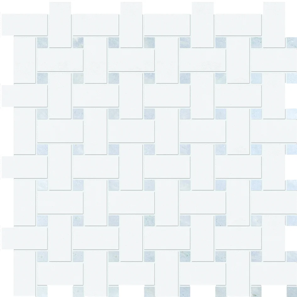 MS90100 thassos white & blue celeste polished basket weave 1”x2” 12”x12”x3/8” sheets