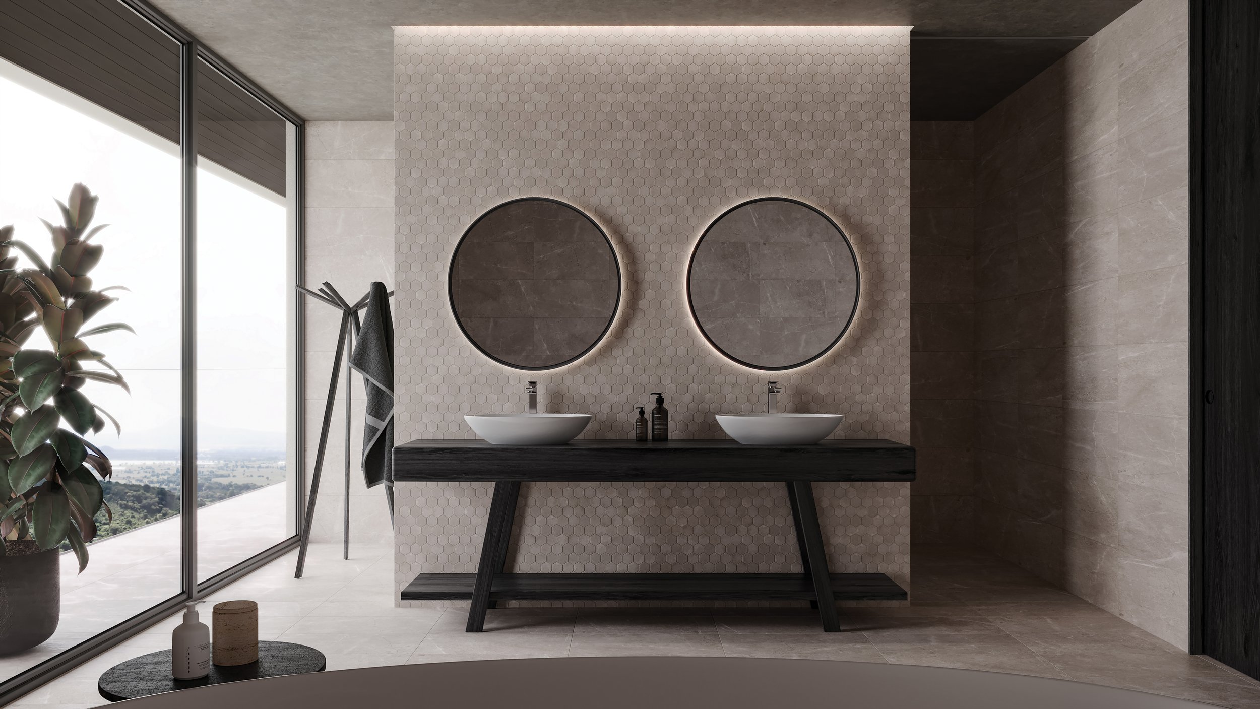 On Floor_5000-0171-0_12 x 24 in_30.5 x 61 cm Ritz Gray Honed Marble Tile_On Wall_5001-0308-0_2 in_4.9 cm Ritz Gray Honed Marble Hexagon Mosaic_Lifestyle_CAM_01.jpg