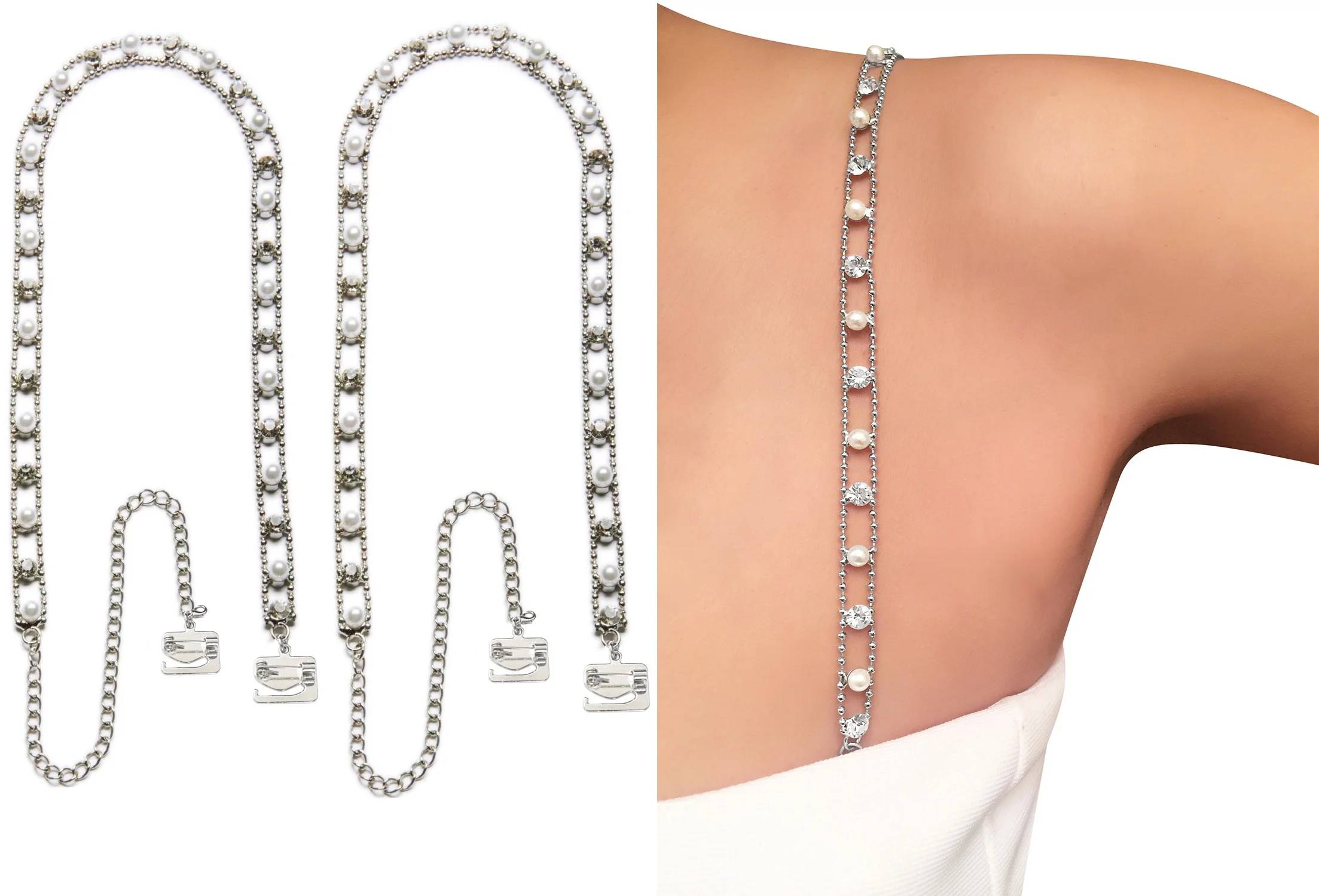 Detachable Wedding Dress Strap Rhinestone White Pearls Gown Pin-Latch Support No Sewing shop online at BellaLingerie.shop