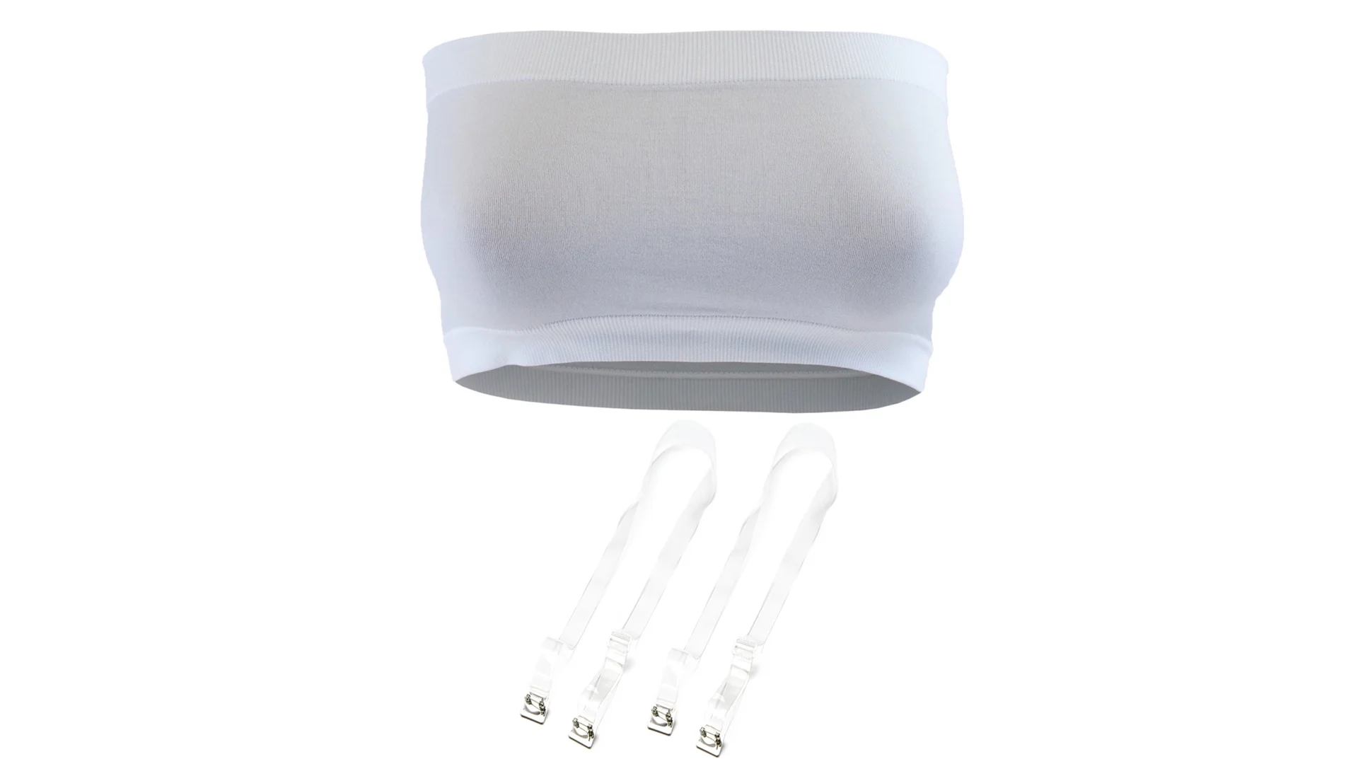white seamless tube bandeau top with clear straps