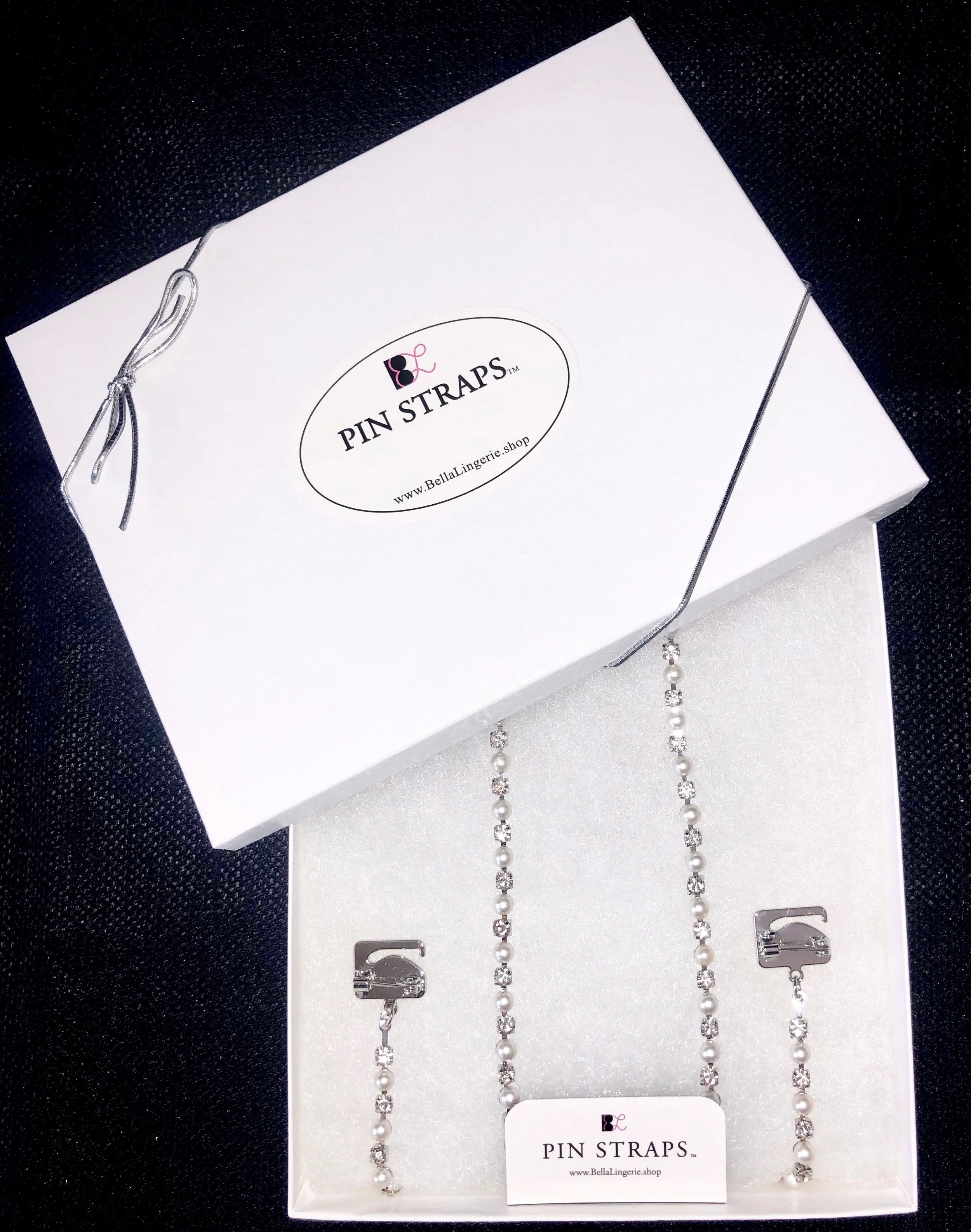 Bella's Pin Straps Wedding Pearl Crystal Dress Straps in white gift box with ribbon