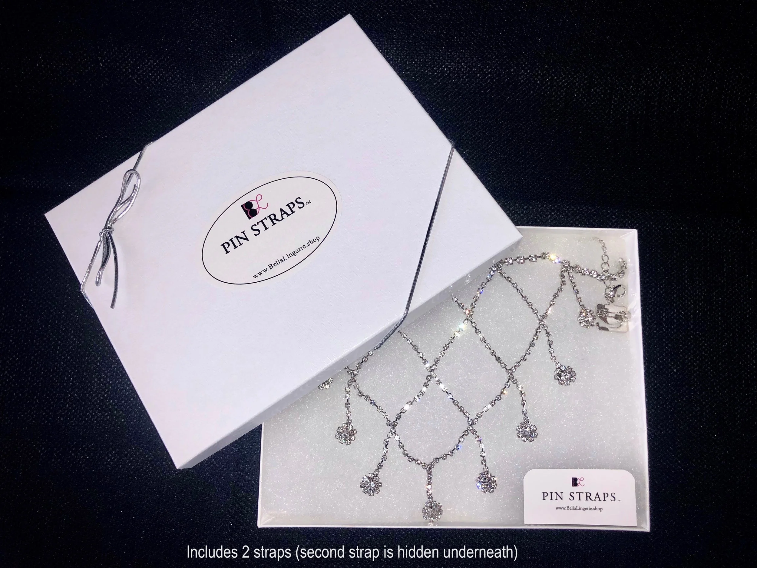 Bella's Pin Straps Shoulder Dress Cascades Crystals packaging in white gift box ribbon
