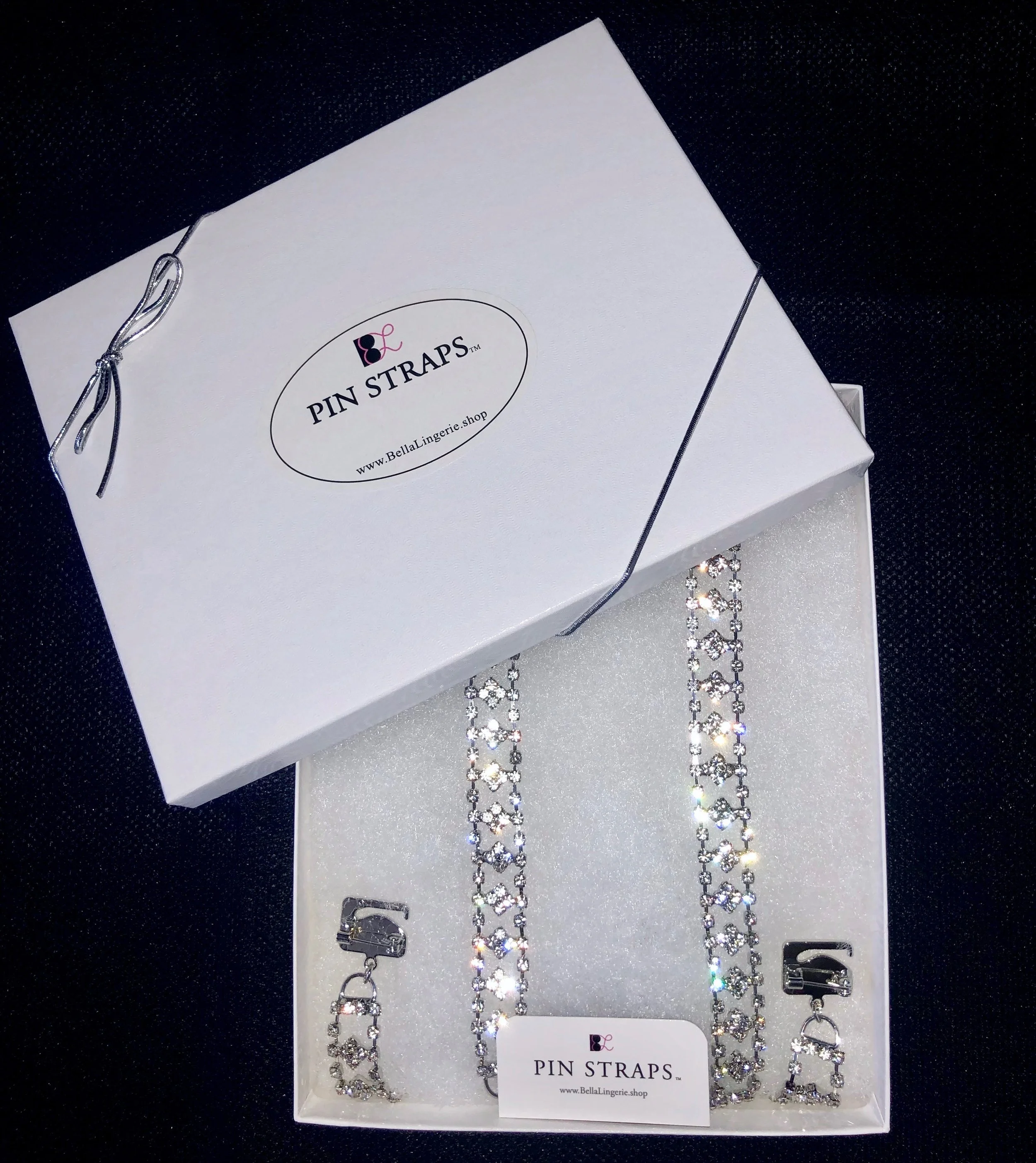 Bella's Pin Straps Royalty Crystal Dress Strap in white gift box silver ribbon
