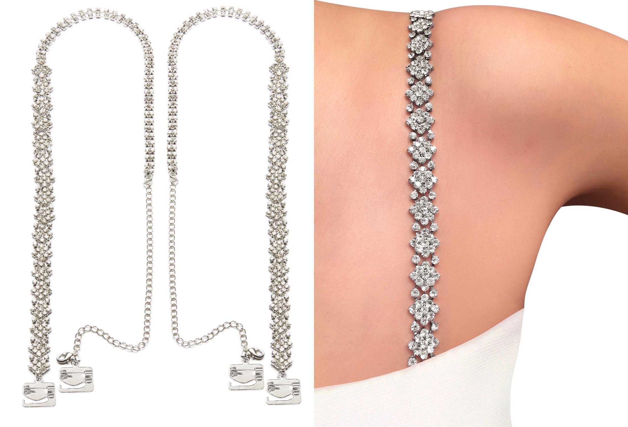 TreasureBay Diamante Bra Straps One Pair Crystal Clear Love Design Single Row 