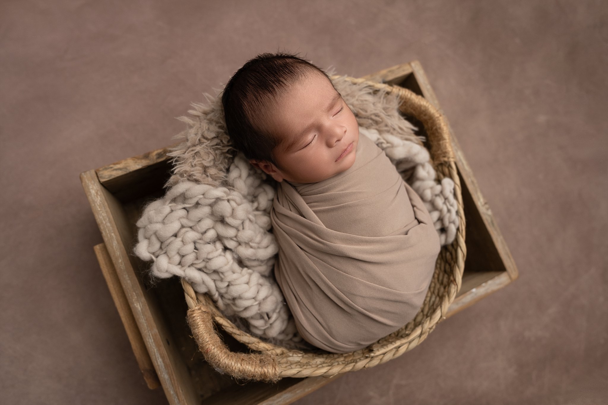 Posed newborn studio photography with neutral tones in Glen Carbon, Illinois