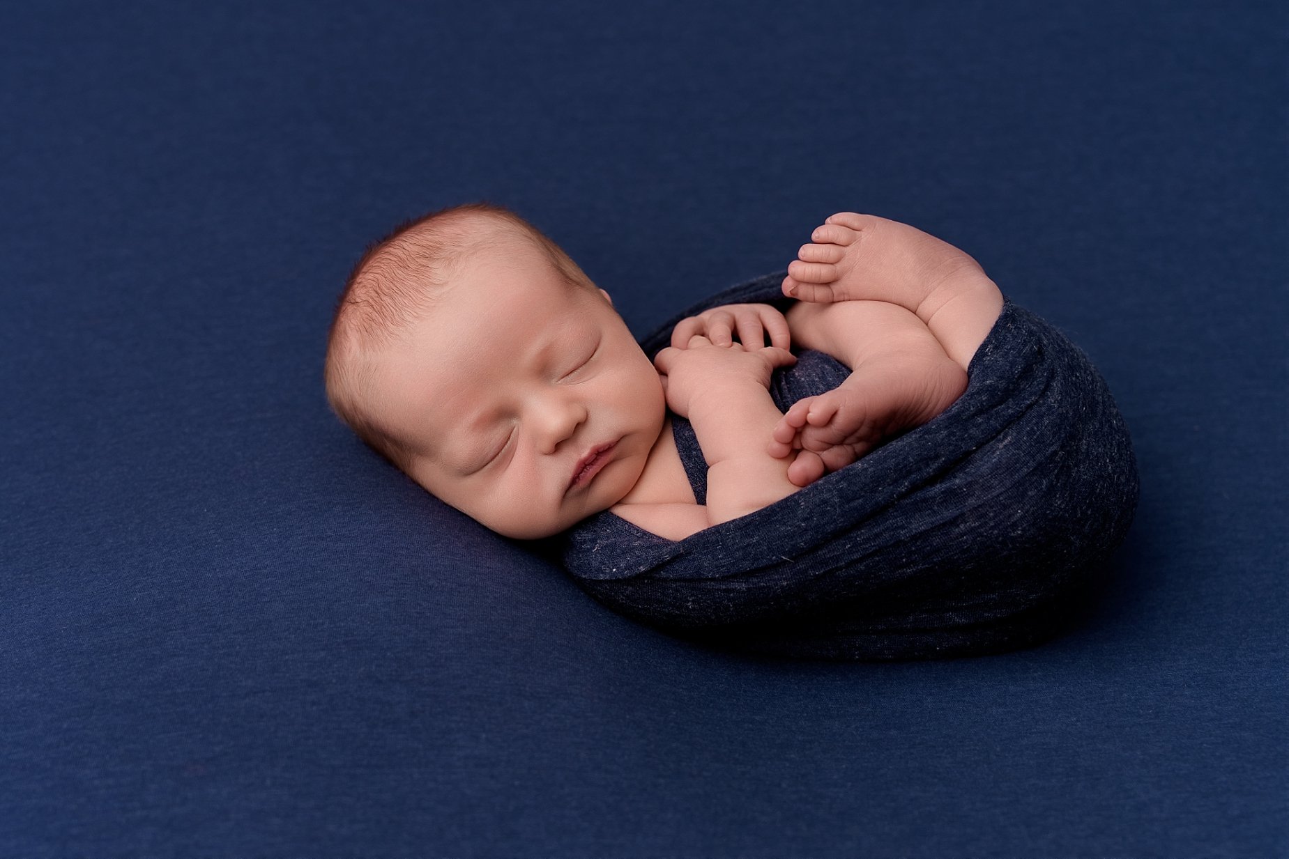 Sleeping newborn baby posed in navy blue during a newborn photography session in Glen Carbon, Illinois.