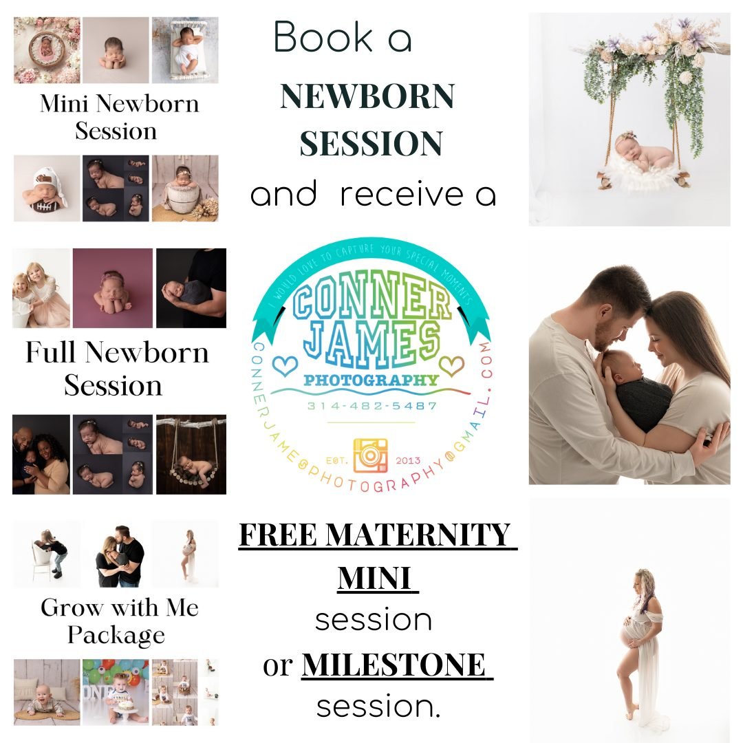 Book a Newborn Session and receive a FREE MATERNITY MINI session or MILESTONE  session! 📸🥰

Link to book: www.connerjamesphotography.com/booknow
Mini Newborn Session is $435.00
Full Newborn Session is $499.00

I am newborn certified in my safety an