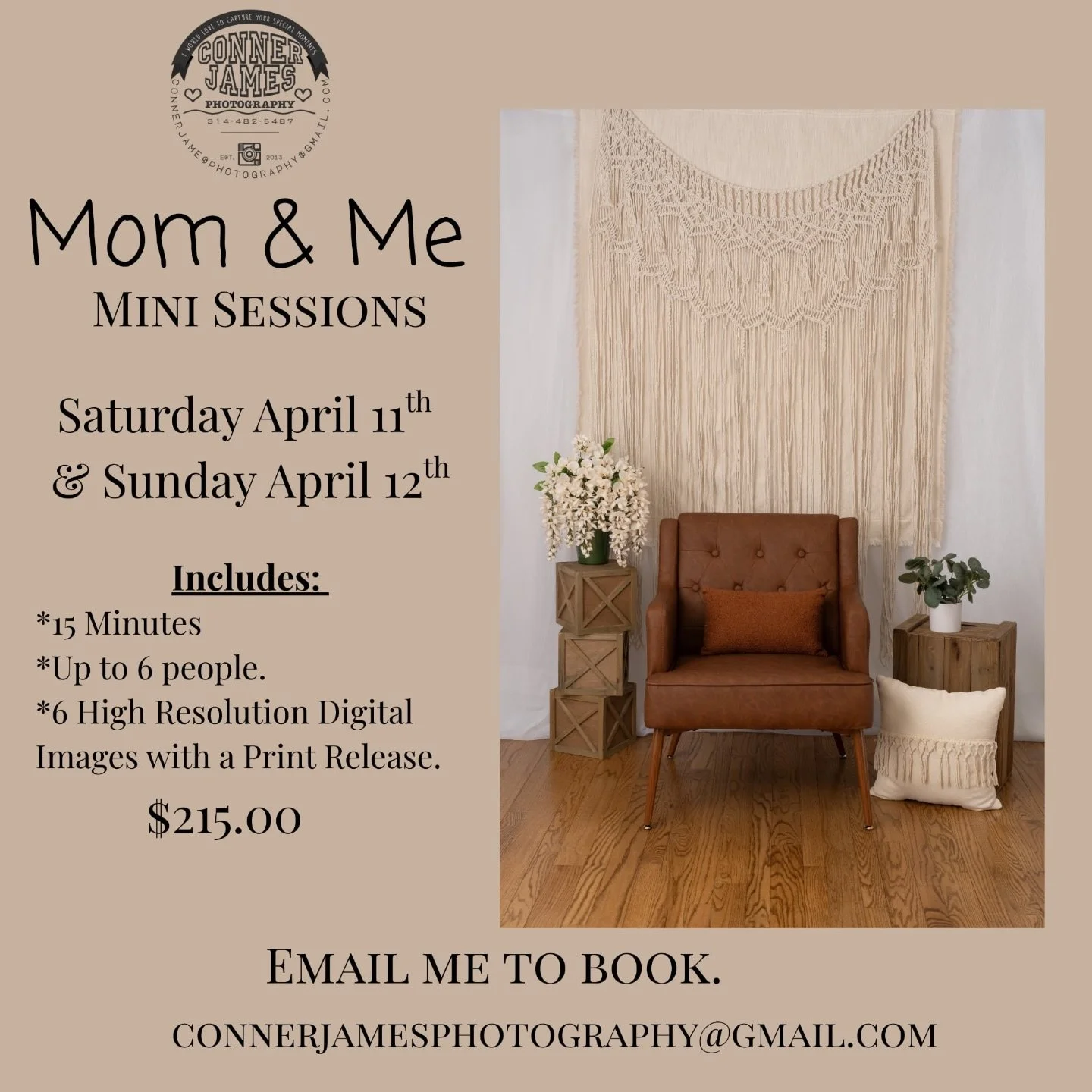 Mom &amp; Me Mini Sessions -  Perfect Mother's Day GIFT! 

📅 Saturday April 11th &amp; Sunday April 12th
Includes:
&bull; 15 minute session
&bull; Up to 6 people
&bull; 6 high-resolution digital images with print release

$215

Because these are min