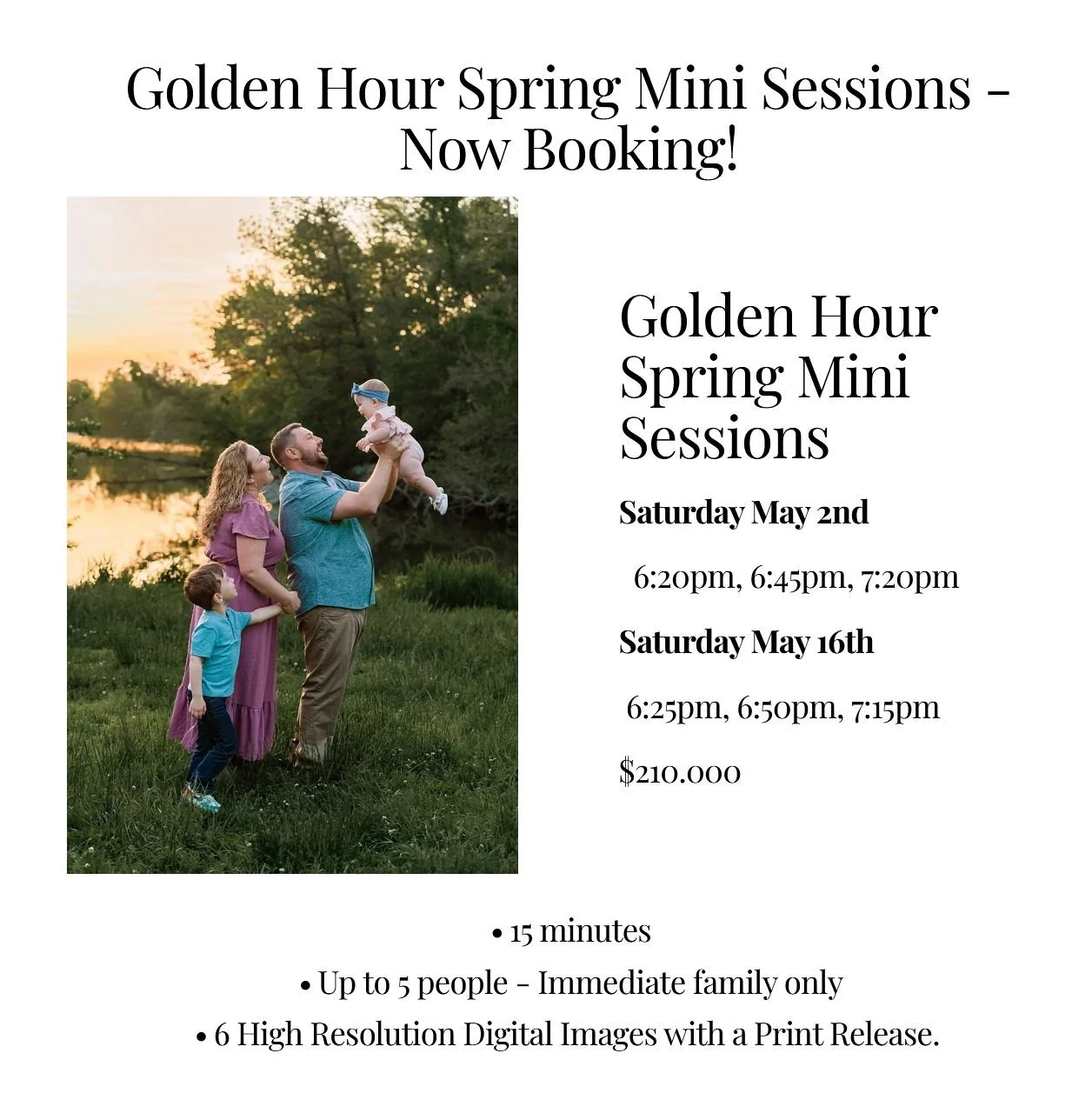 Golden Hour Spring Mini Sessions 
Only 4 spots left! 

Book your session here:
https://www.connerjamesphotography.com/minisessions