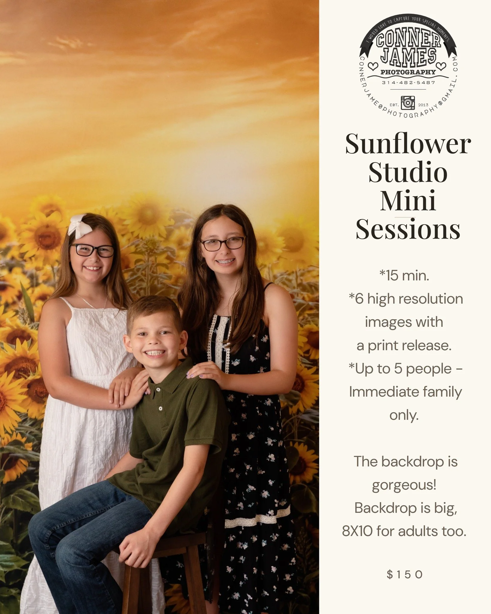 🌻 SUNFLOWER STUDIO MINI SESSIONS ARE HERE! 🌻
No heat. No bugs. No muddy fields.
Enjoy the beauty of sunflowers right here in the studio with our gorgeous oversized sunflower backdrop!
✨ 15 Minute Session
✨ 6 High Resolution Digital Images
✨ Print R