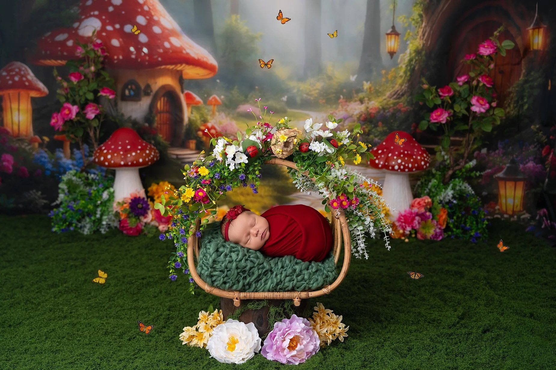 Creative fairy garden newborn photography setup with flowers, butterflies, and woodland mushrooms in Edwardsville Illinois.