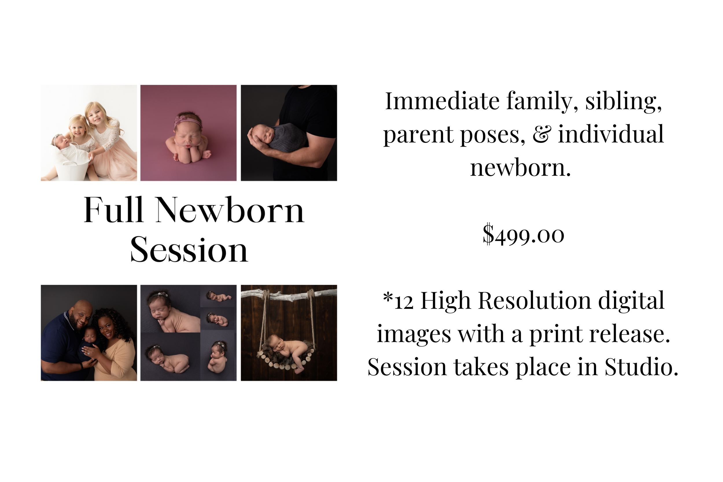Full Newborn Session Information $499.00 Immediate family, sibling, parent poses, &individual  newborn poses.