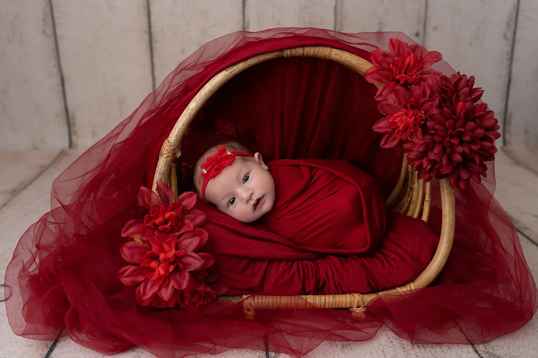 Newborn baby girl wrapped in red fabric inside a wicker basket surrounded by red flowers photographed by a Glen Carbon newborn photographer.