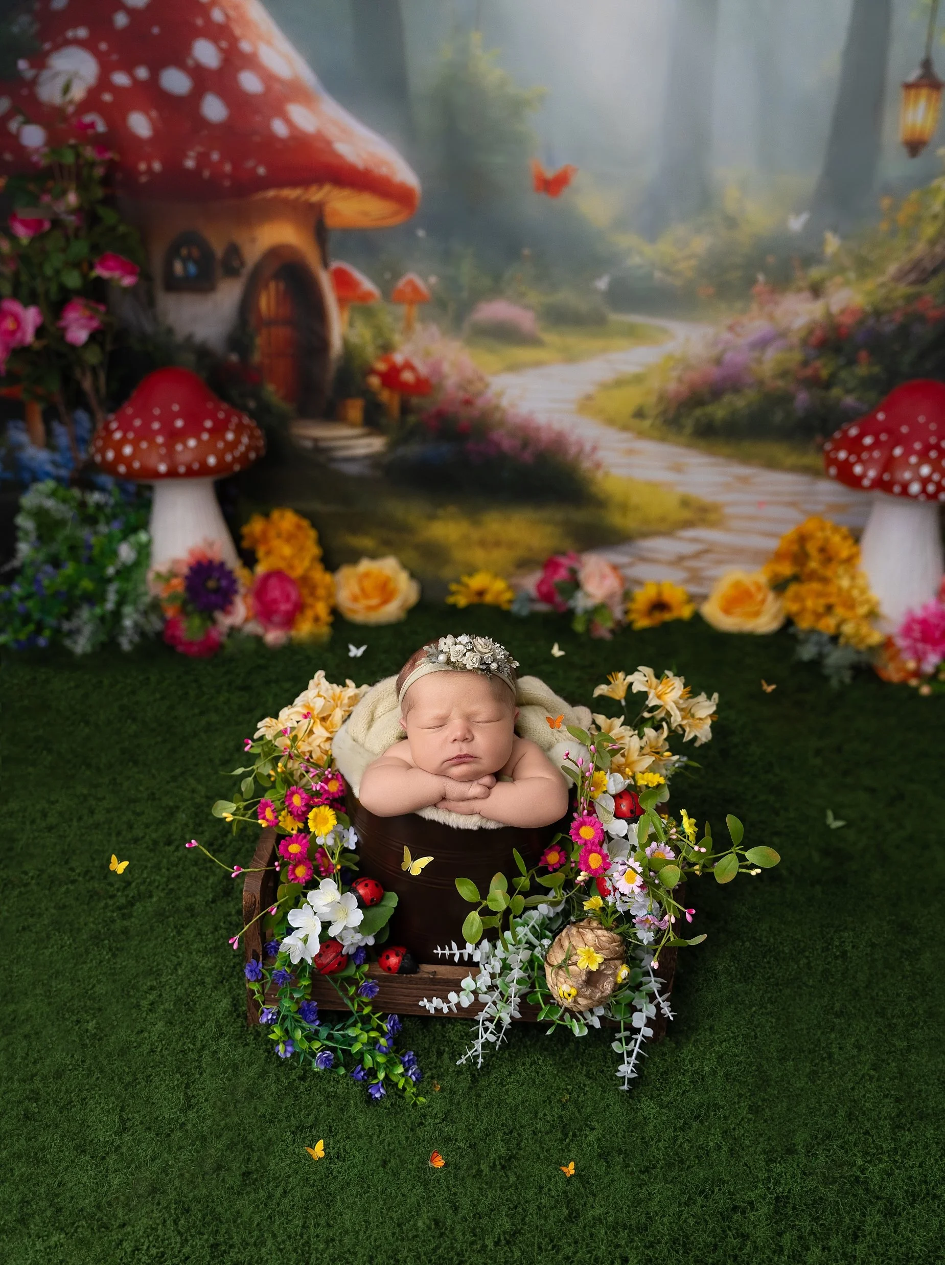 Storybook newborn photography setup with floral basket and woodland fairy garden theme by Glen Carbon newborn photographer.