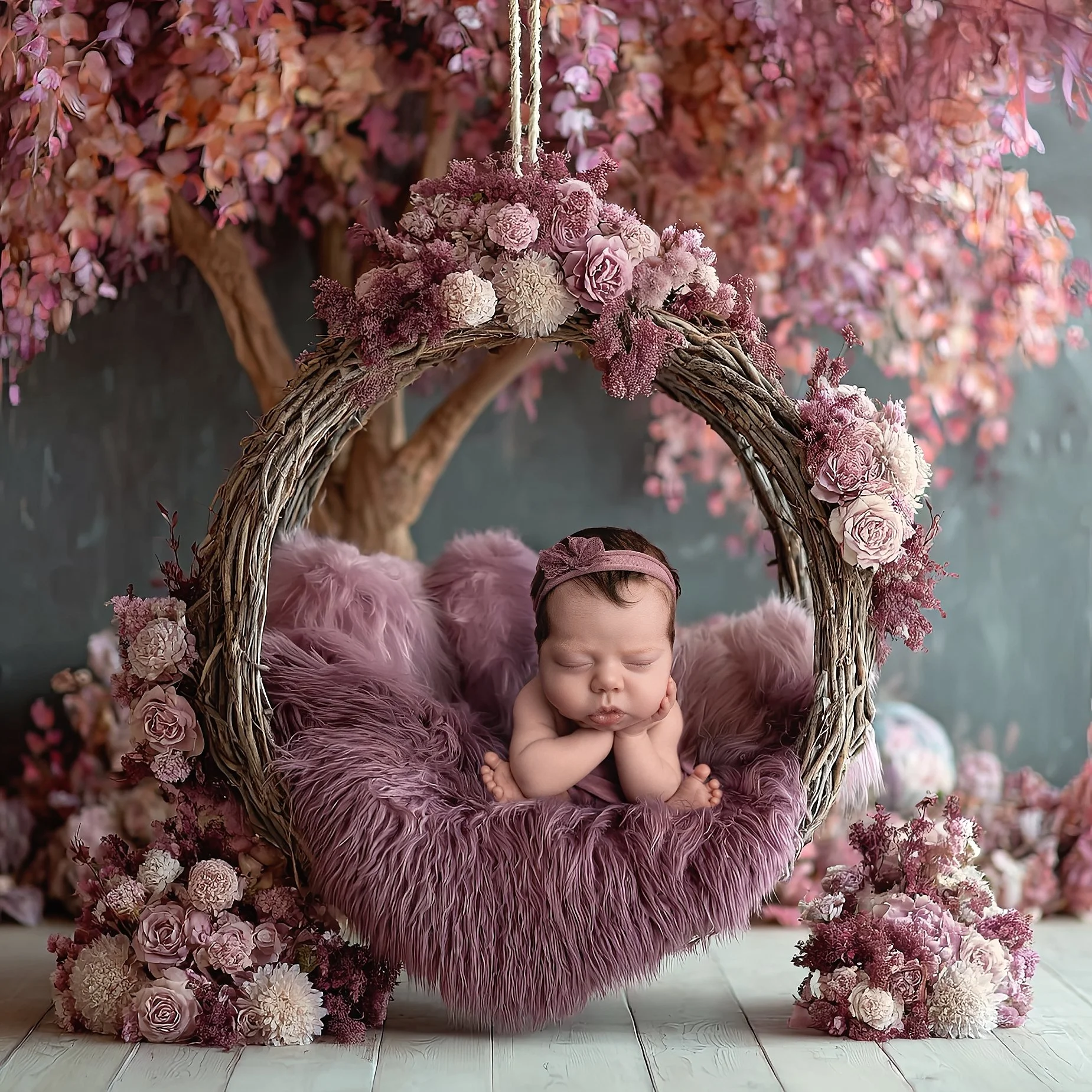 Newborn baby girl in mauve floral swing setup photographed by Glen Carbon Illinois newborn photographer