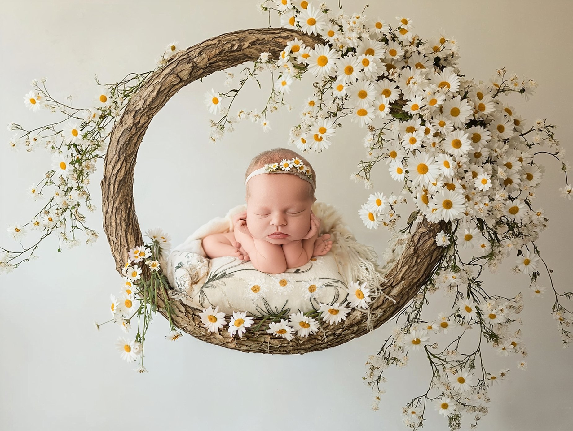 Sleeping newborn baby girl posed on a handcrafted wooden moon decorated with white daisies by Conner James Photography, an Edwardsville and Glen Carbon newborn photographer.