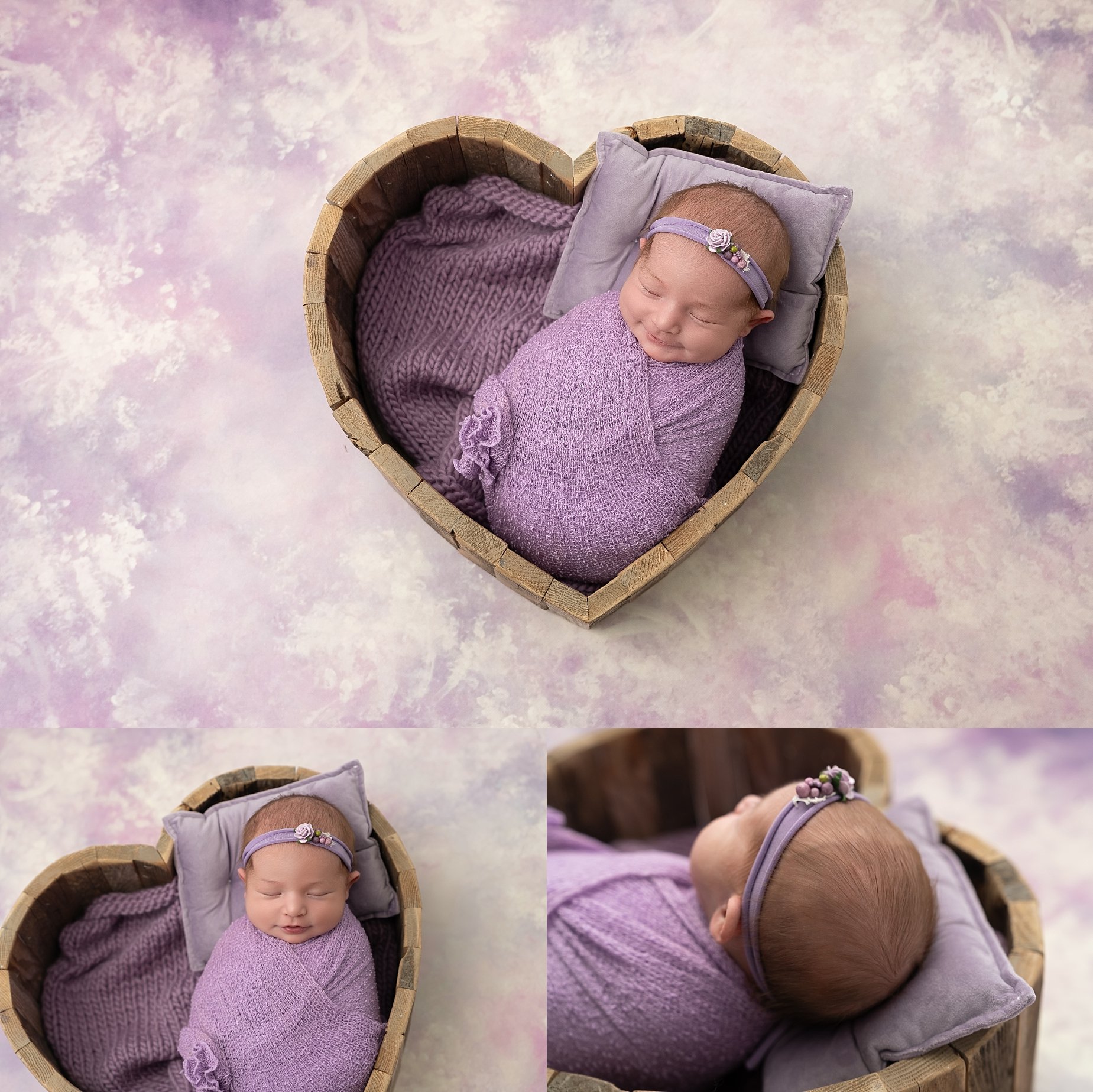Sleeping newborn baby girl wrapped in lavender fabric inside a wooden heart bowl during a newborn photography session in Edwardsville IL.