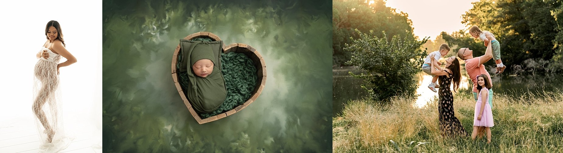 Signature Grow With Me photography collage showing maternity, newborn, and family sunset sessions in Glen Carbon Illinois.