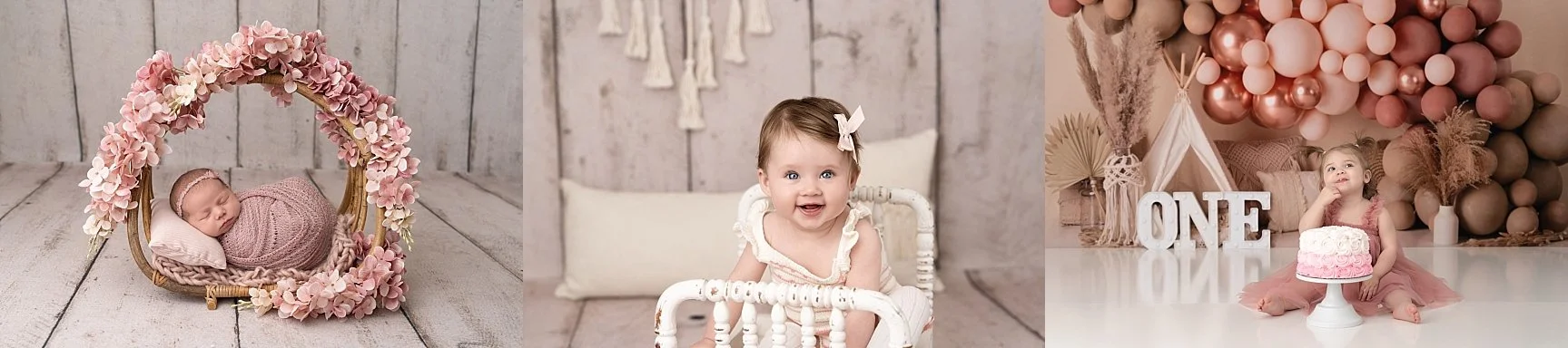 Essential Grow With Me studio photography collage showing newborn, milestone, and first birthday sessions in Glen Carbon Illinois