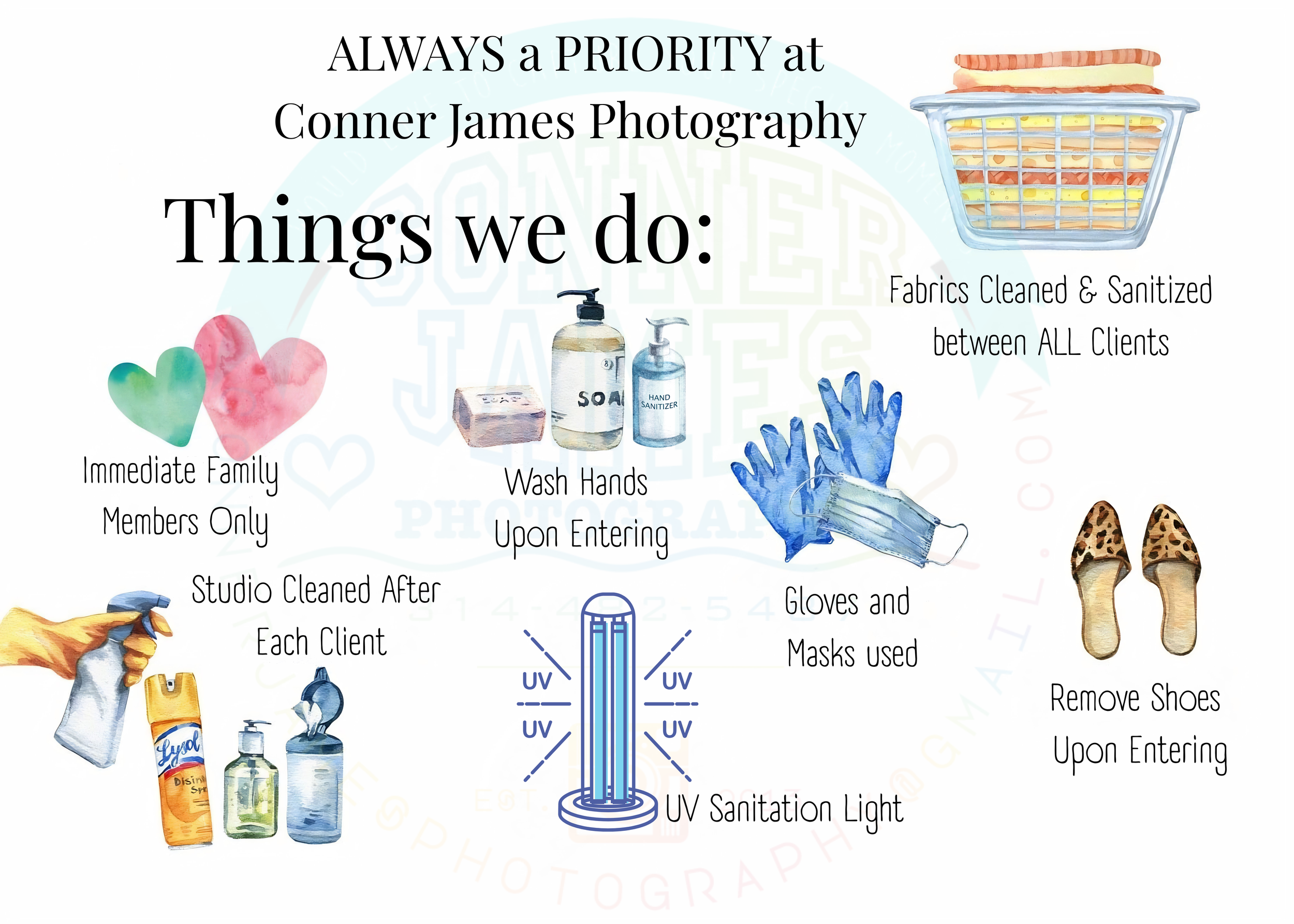 Newborn studio health and safety infographic showing cleaning and sanitizing practices at Conner James Photography, including sanitized fabrics, hand washing, UV sanitation, masks, gloves, and newborn safety procedures.