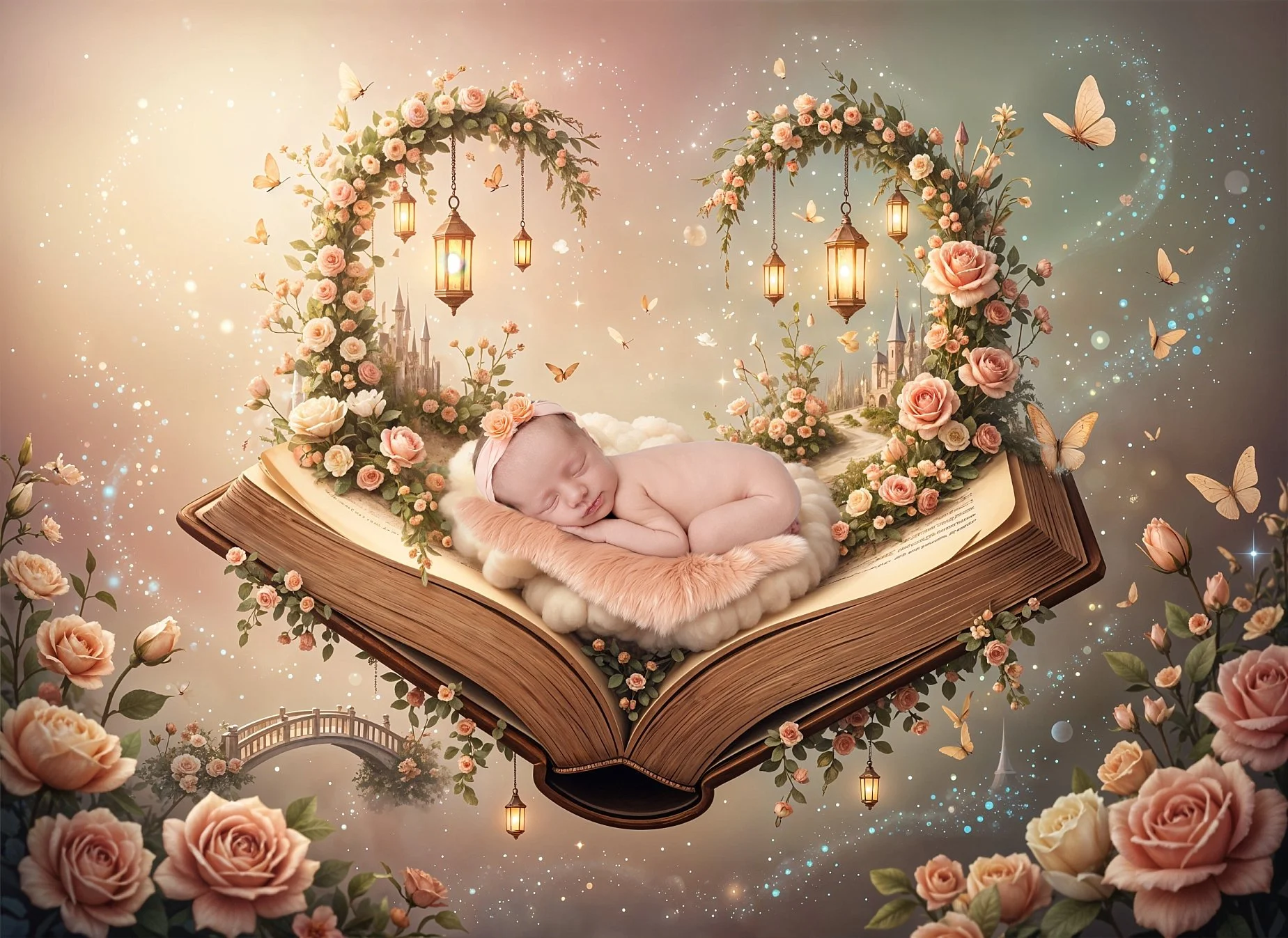 Fairytale storybook newborn composite with roses and butterflies by an Edwardsville and Glen Carbon newborn photographer.