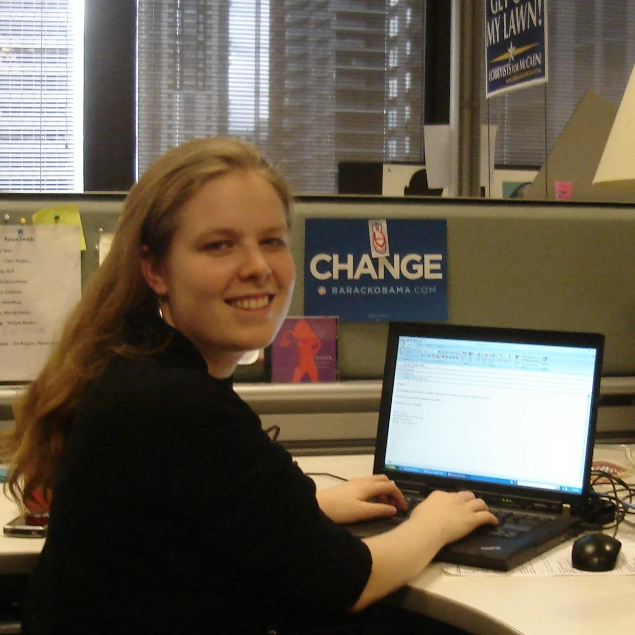 At Obama campaign HQ typing email as New Media Operations Manager (Chicago, 2008)