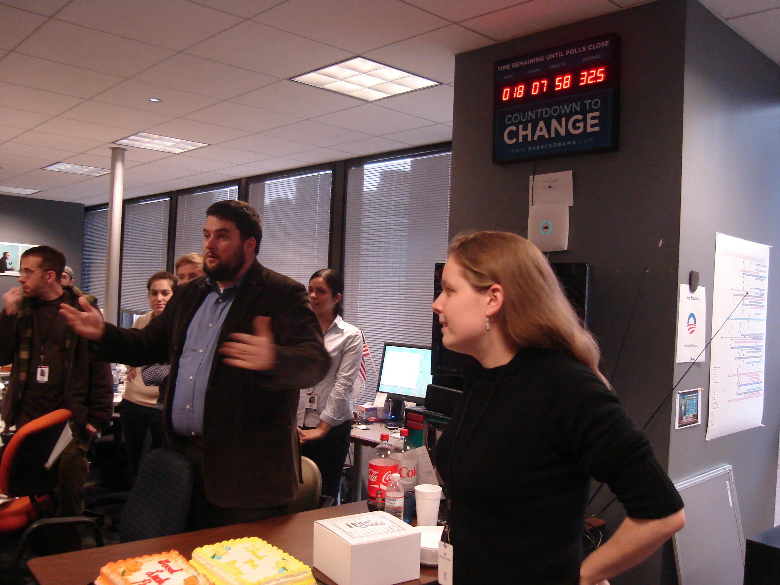 With New Media Deputy Director Macon Phillips and the Election Day countdown clock at Obama HQ (Chicago, 2008)