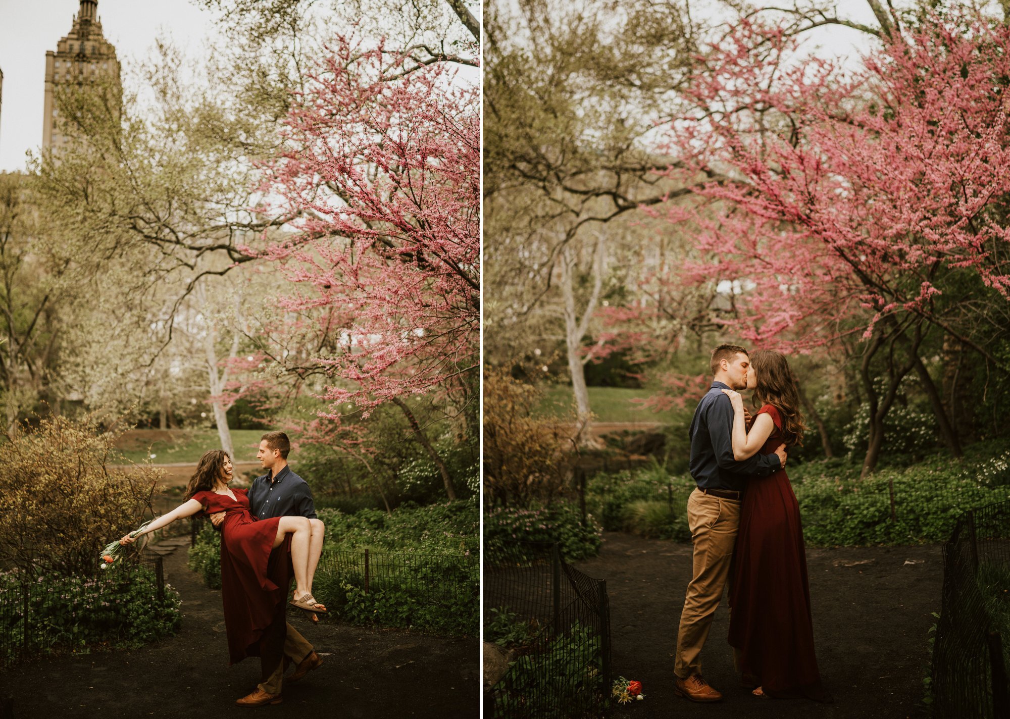 couple kissing and having fun at their engagement photos in Central Park