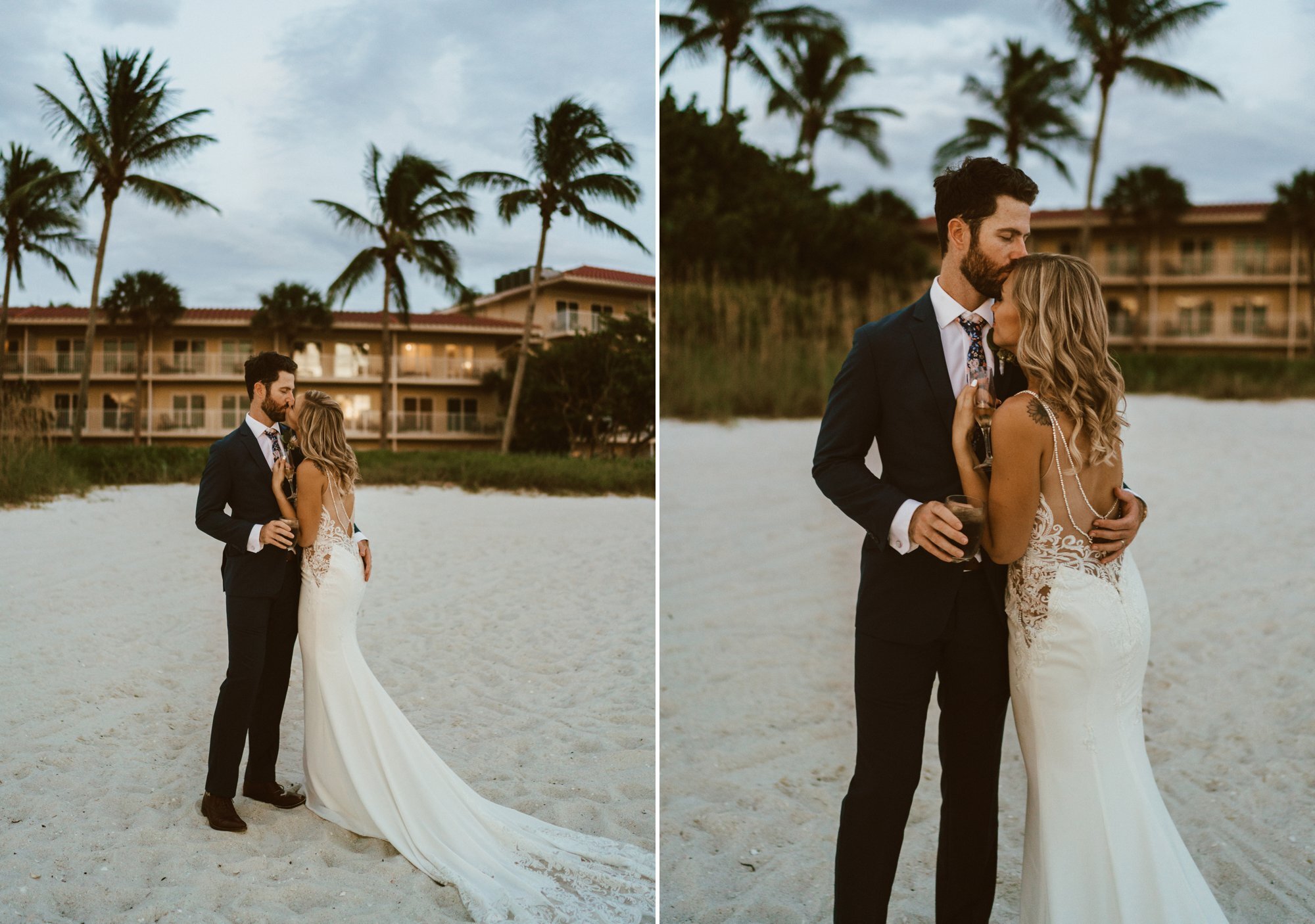 bride and groom kissing at Naples beach wedding 