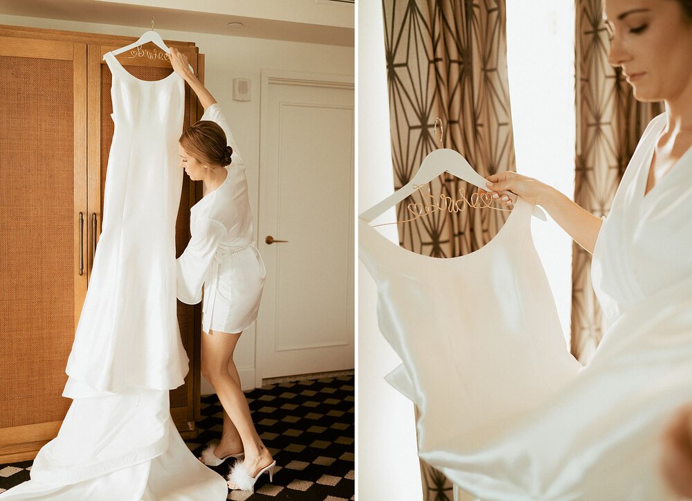 bride putting on wedding dress at confidante hotel in Miami Beach florida