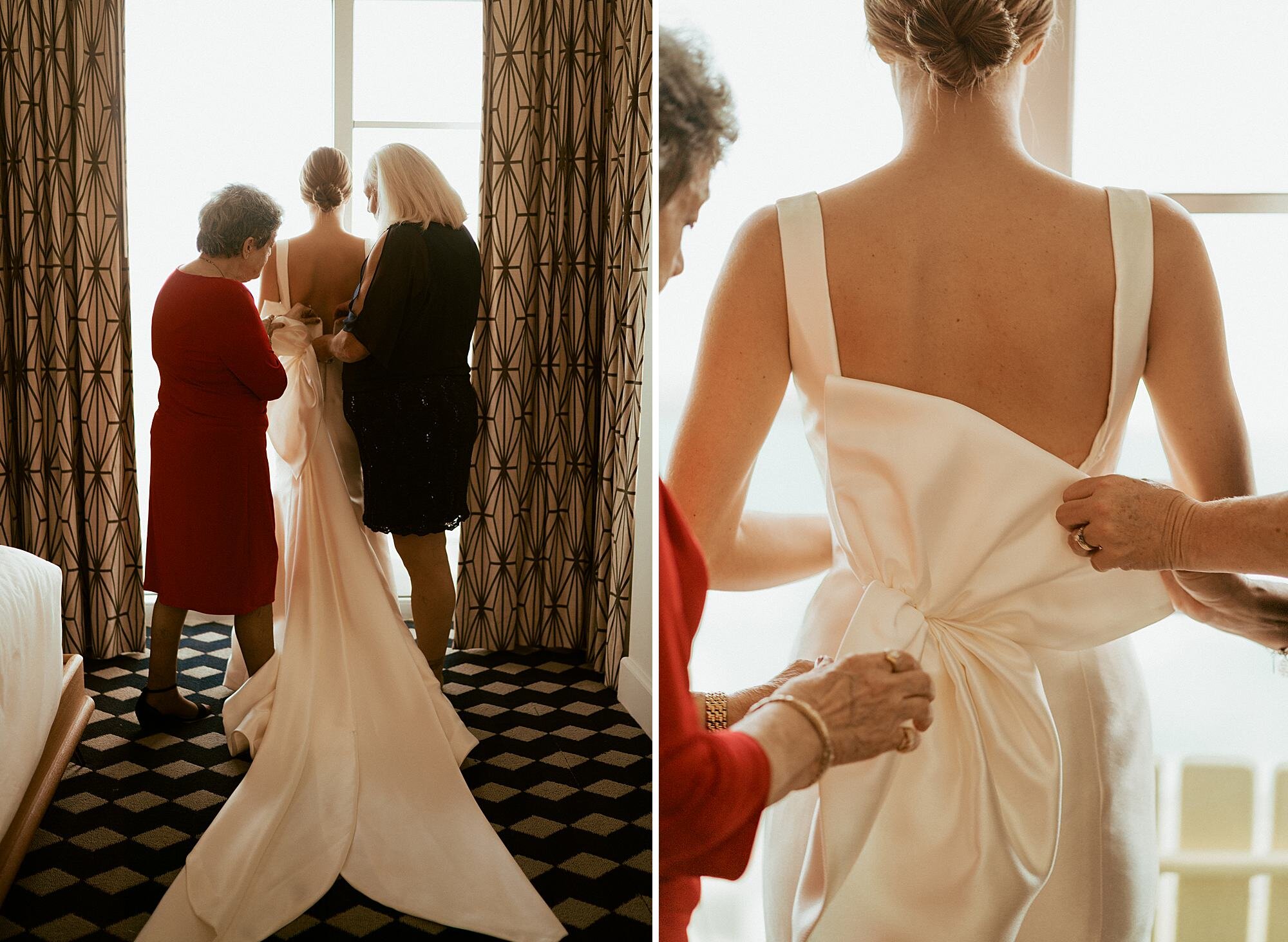 bride putting on wedding dress at the confidante hotel in Miami 