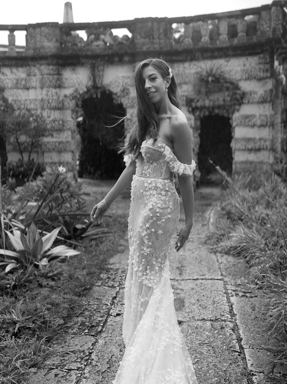 Berta Privée Wedding Gown Miami - bride wearing Berta gown in Vizcaya museum and gardens