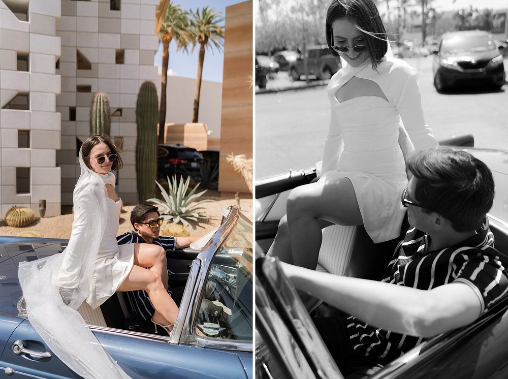 Las Vegas vintage car elopement bride and groom wedding