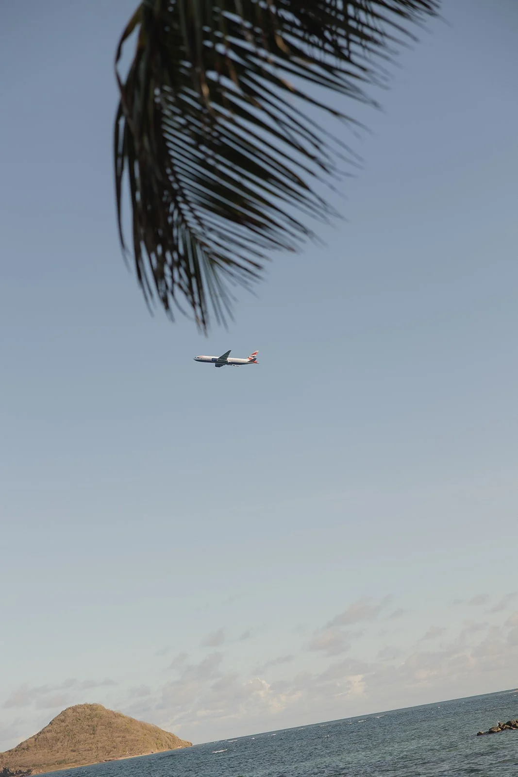 Small airplane flying low over the turquoise water and small islands near St. Lucia, framed by palm fronds