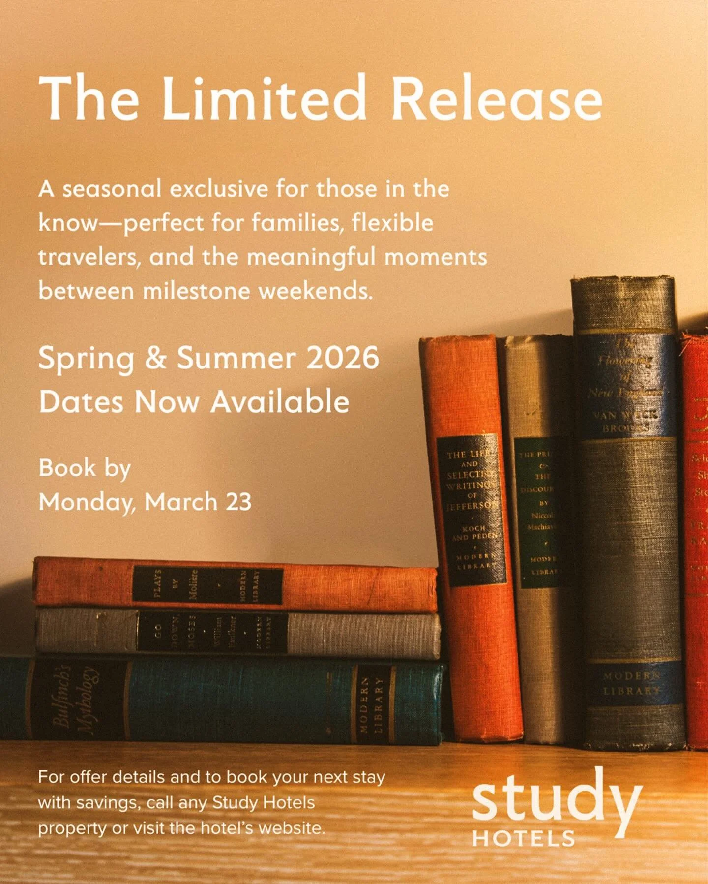 Plan your next stay at our best seasonal rates with The Limited Release. Available at all Study Hotels locations and exclusively through our direct channels, it&rsquo;s our way of saying thank you for making The Study part of your return-to-campus tr