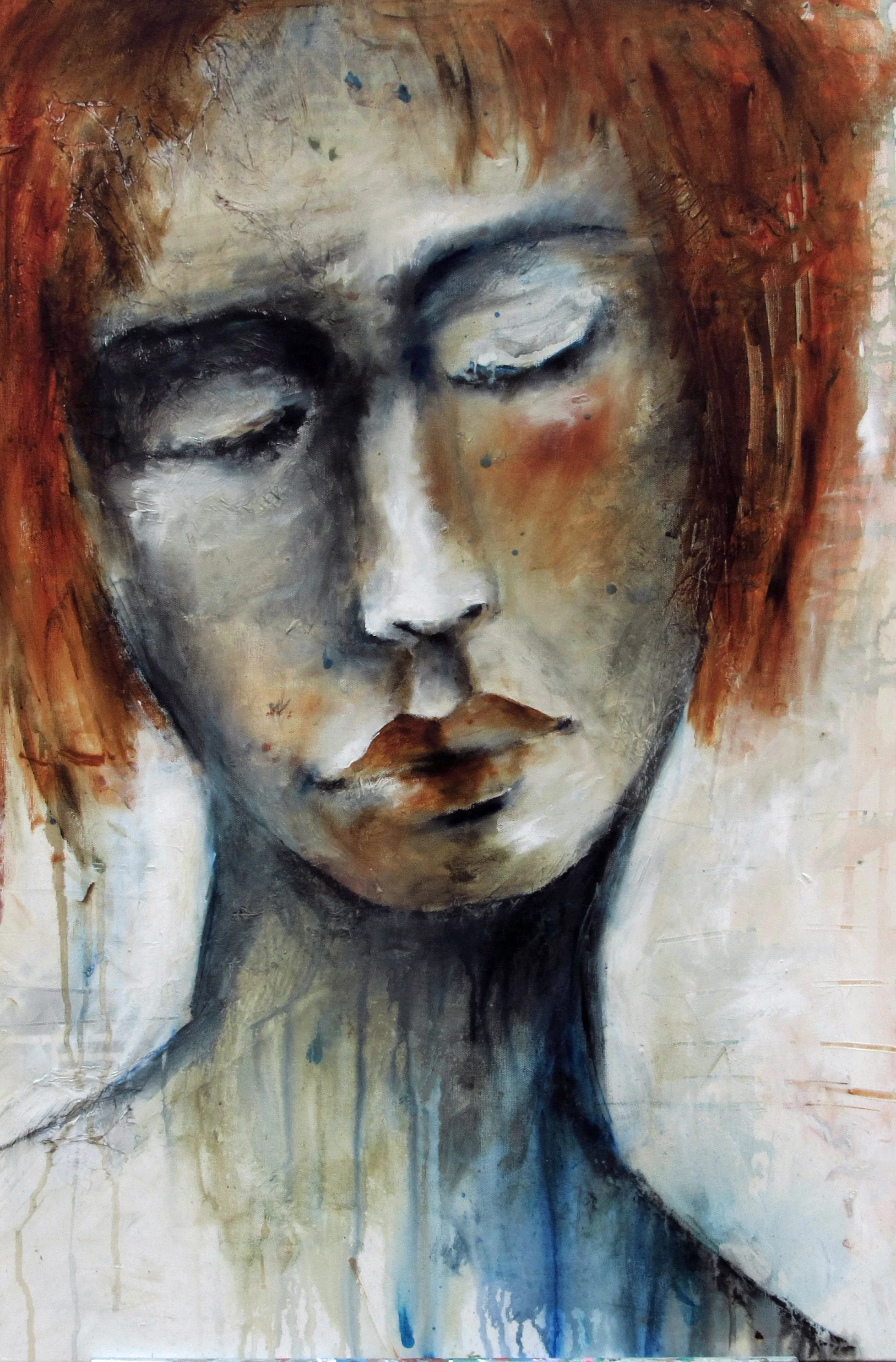 She was painted during a magazine interview and video. I am not the easiest person to interview as I get nervous and fearful that I will reveal the dork I fear I actually am, so of course I come across as a dork. She is lovely with the down turned eyes. Difficult to do, the drips over her left eye make the piece. 24” x 36” x 1.5” gallery wrap canvas. Available