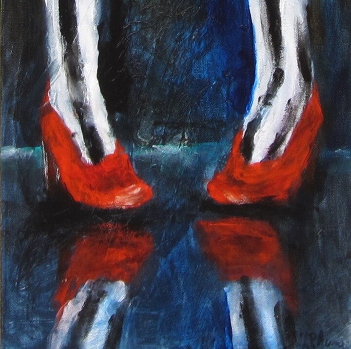 &quot;These Are Not Your Ruby Slippers&quot; !2&quot;x36&quot; acrylic mixed media.  Yet another cool piece from &quot;Cirque&quot; series. I wanted to learn how to paint reflections, whats more reflective than ruby slippers.  #cindyauneart#cindyaune