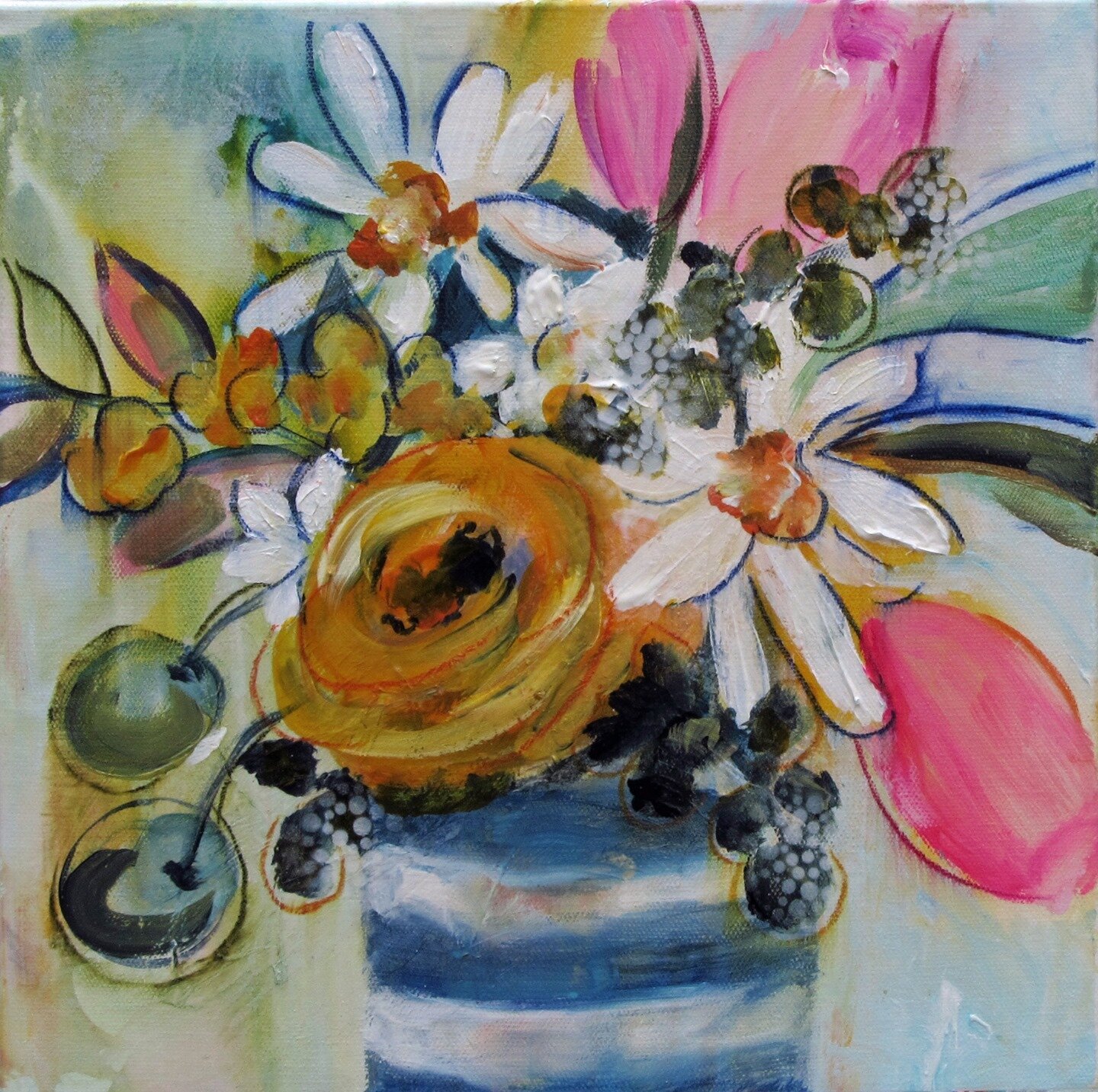 Stripe pot, bright colors, what could bring more spring to your home? 12&quot;x12&quot; acrylic mixed media, #cindyauneart www.cindyaune.com #thecarongallery