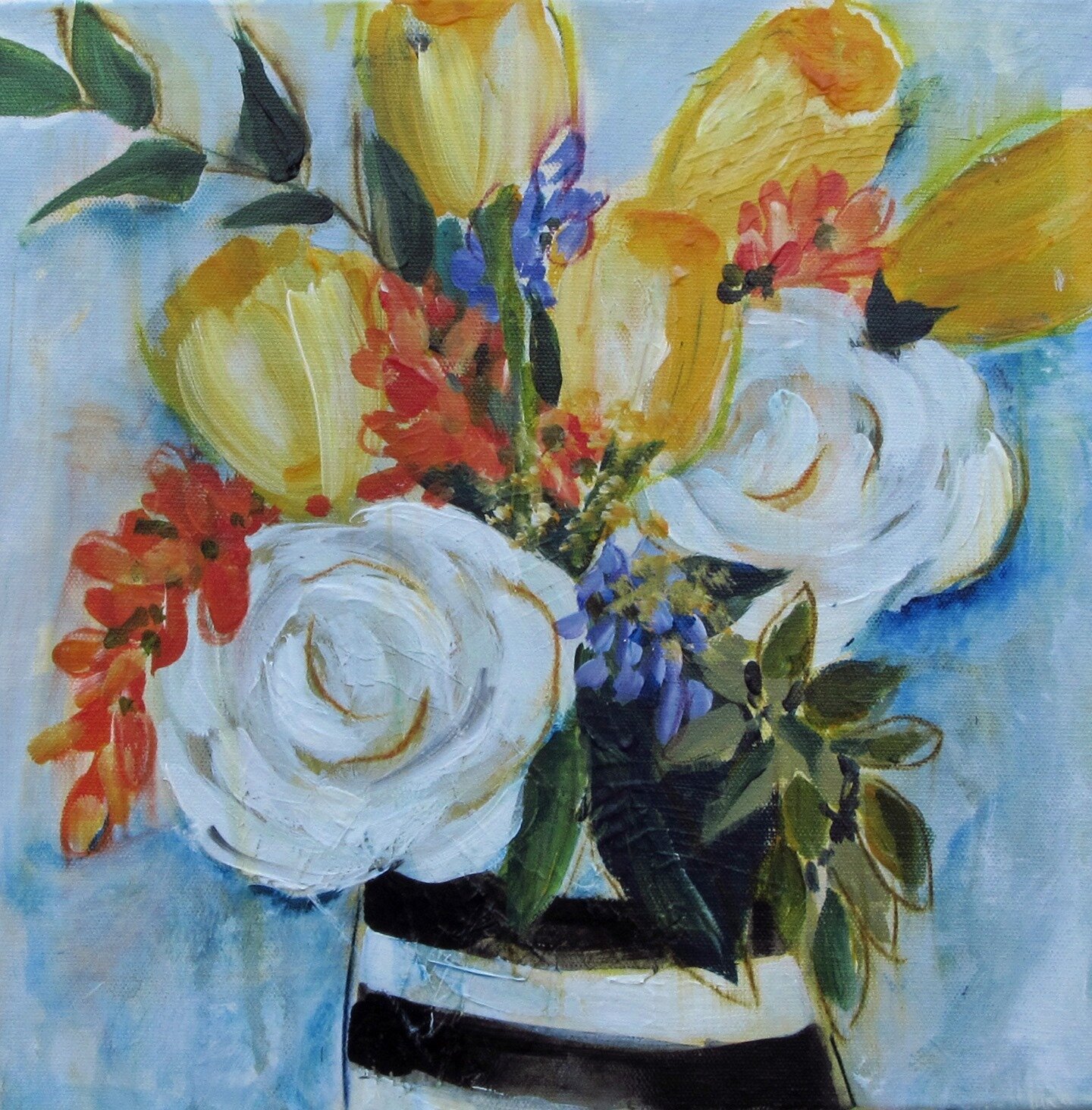 One of my sons had very little floral knowledge, but he knew daisy, tulip, and roses. This is the perfect bright spot for your home. 12&quot;x12&quot; acrylic mixed media, #cindyaune.com#cindyauneart