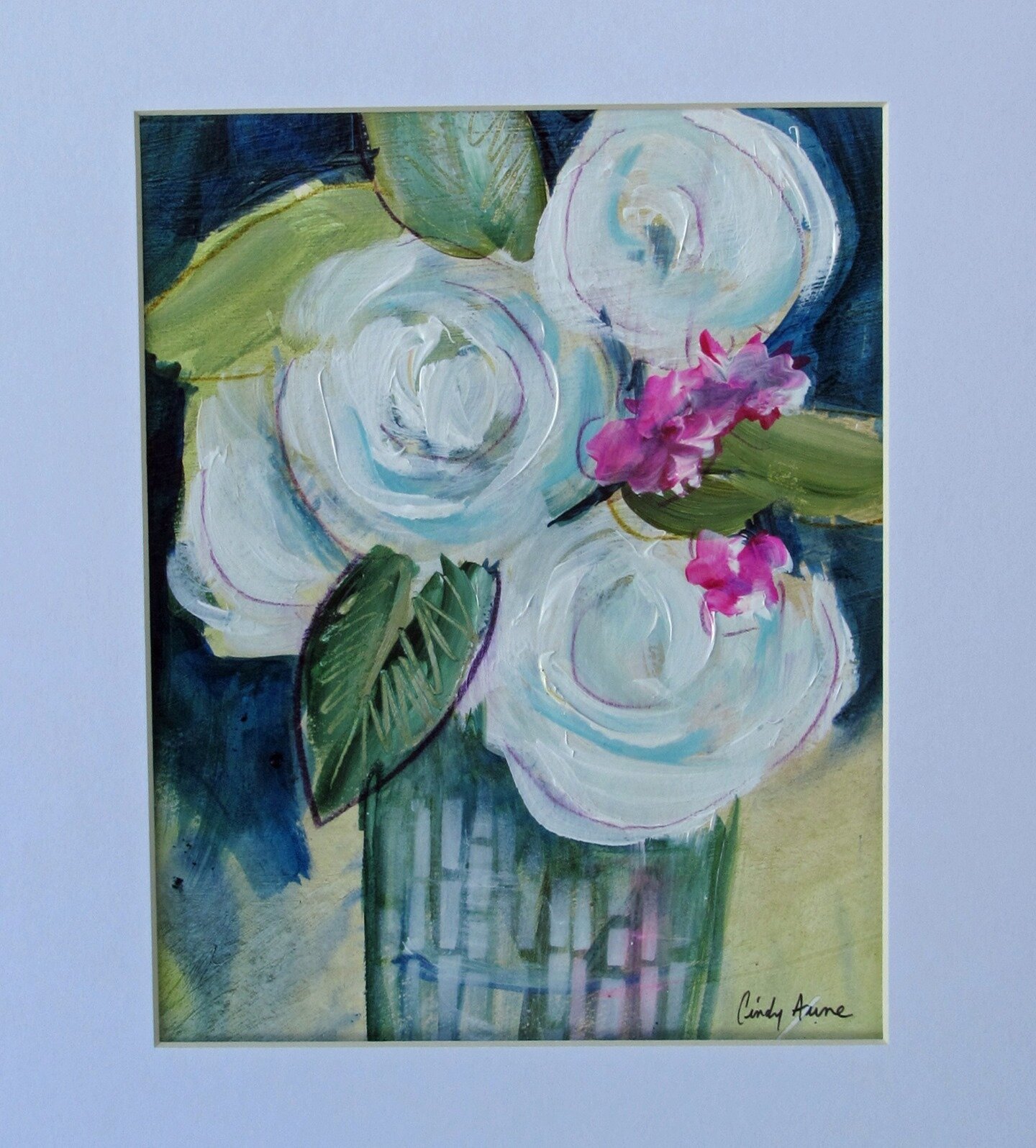 Small floral in 11&quot;x14&quot; white mat. I usually paint large scale. I do paper pieces in a small scale for practice. The limited tones of this piece makes it easy to live with. #cindyaune.com#cindyauneart#thecarongallery