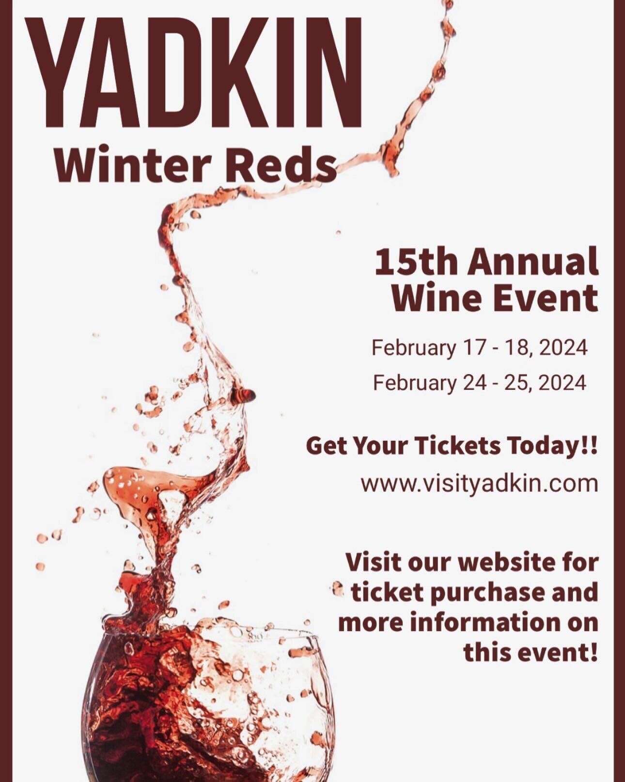 Tickets are still available for the 15th annual Yadkin Winter Reds event! This food and wine pairing event is a great way to experience the many different wineries in our region 🗺️

#visitnc 
#ncwine 
#yadkinvalley