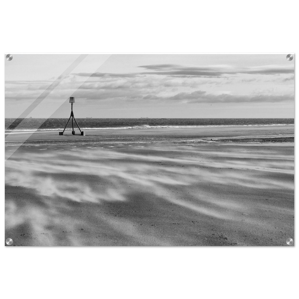 North East England Beach Fine Art Acrylic Print – Black and White Coastal Decor