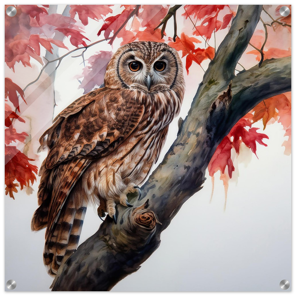 Owl in Red Foliage Acrylic Print – Modern Digital Watercolor Wall Art