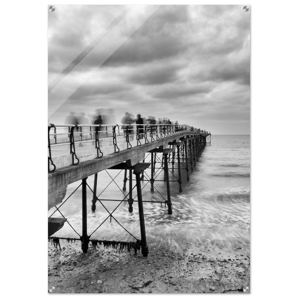 Saltburn Pier Ghostly Figures Acrylic Print – Fine Art Black and White Decor