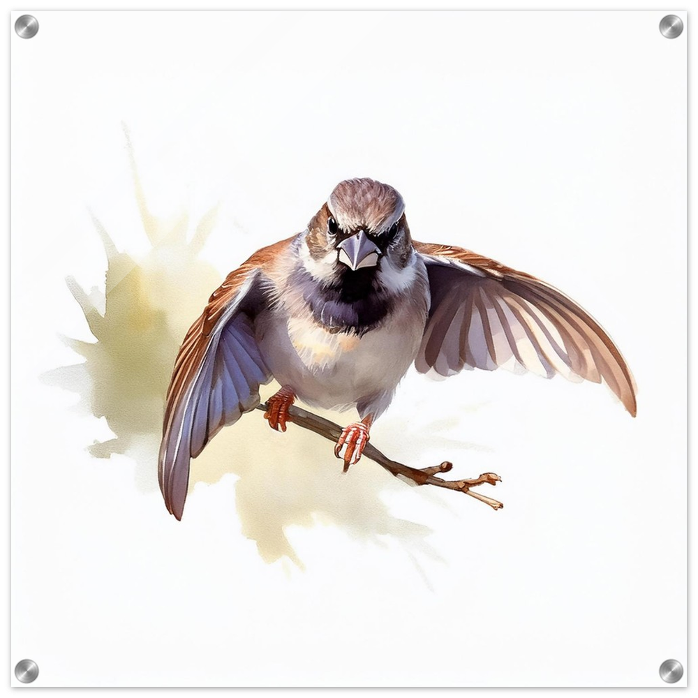 Sparrow on Branch Acrylic Print – Vibrant Digital Watercolour Wall Art