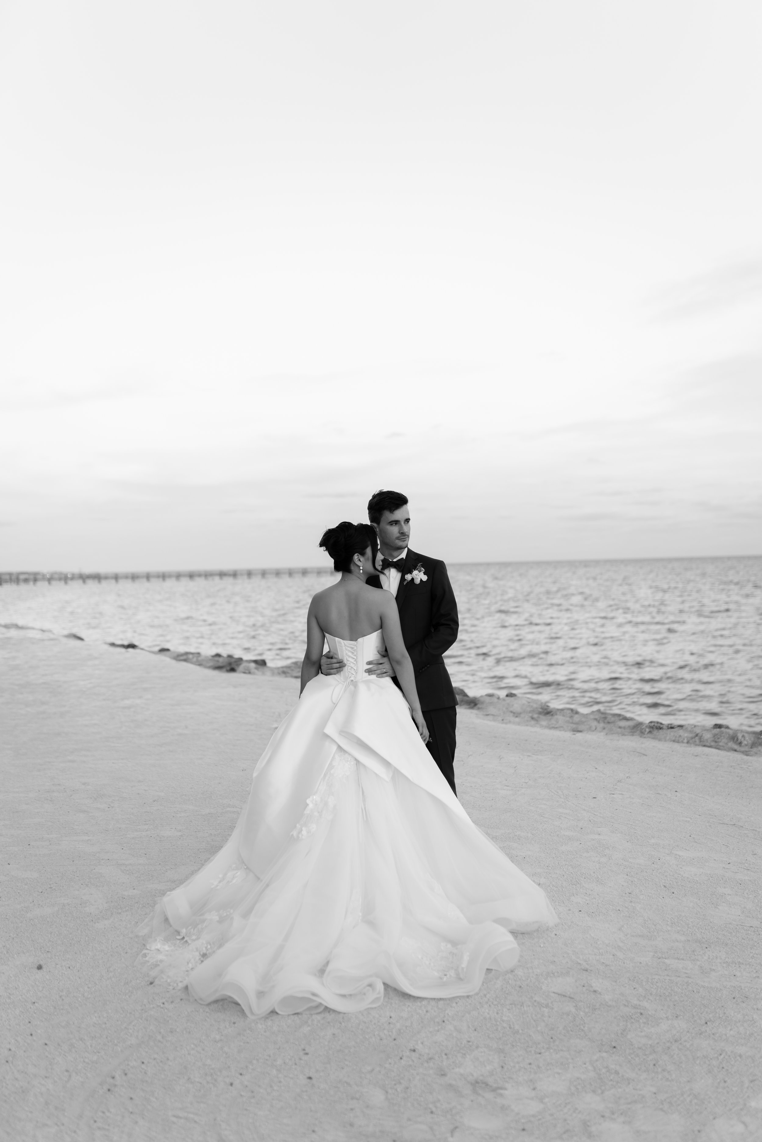 Black and white Florida Keys bride and groom portrait
